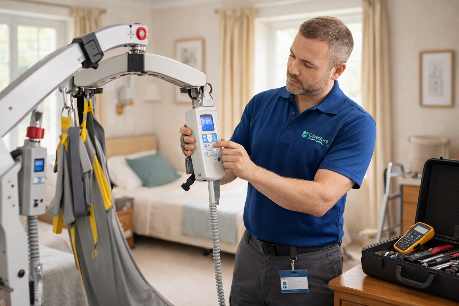 Care staff assisting a resident using a patient hoist in a safe, professional care environment